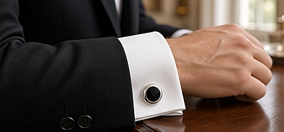 Cufflinks Round Black Onyx Design English Sterling Silver. SKU #: CU431.