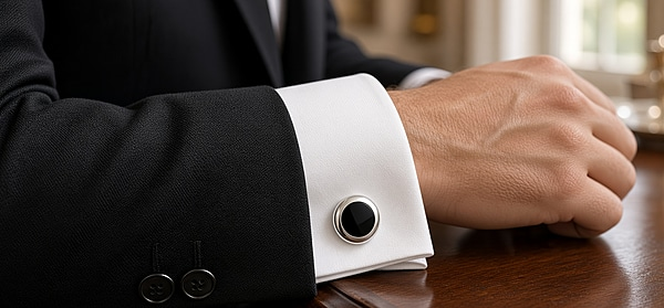 Cufflinks Round Black Onyx Design English Sterling Silver. SKU #: CU431.