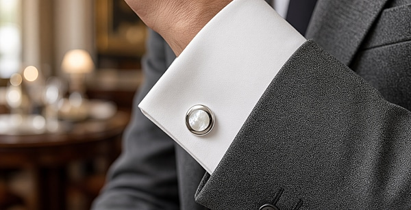 Cufflinks Round Mother of Pearl Design English Sterling Silver. SKU #: CU432.