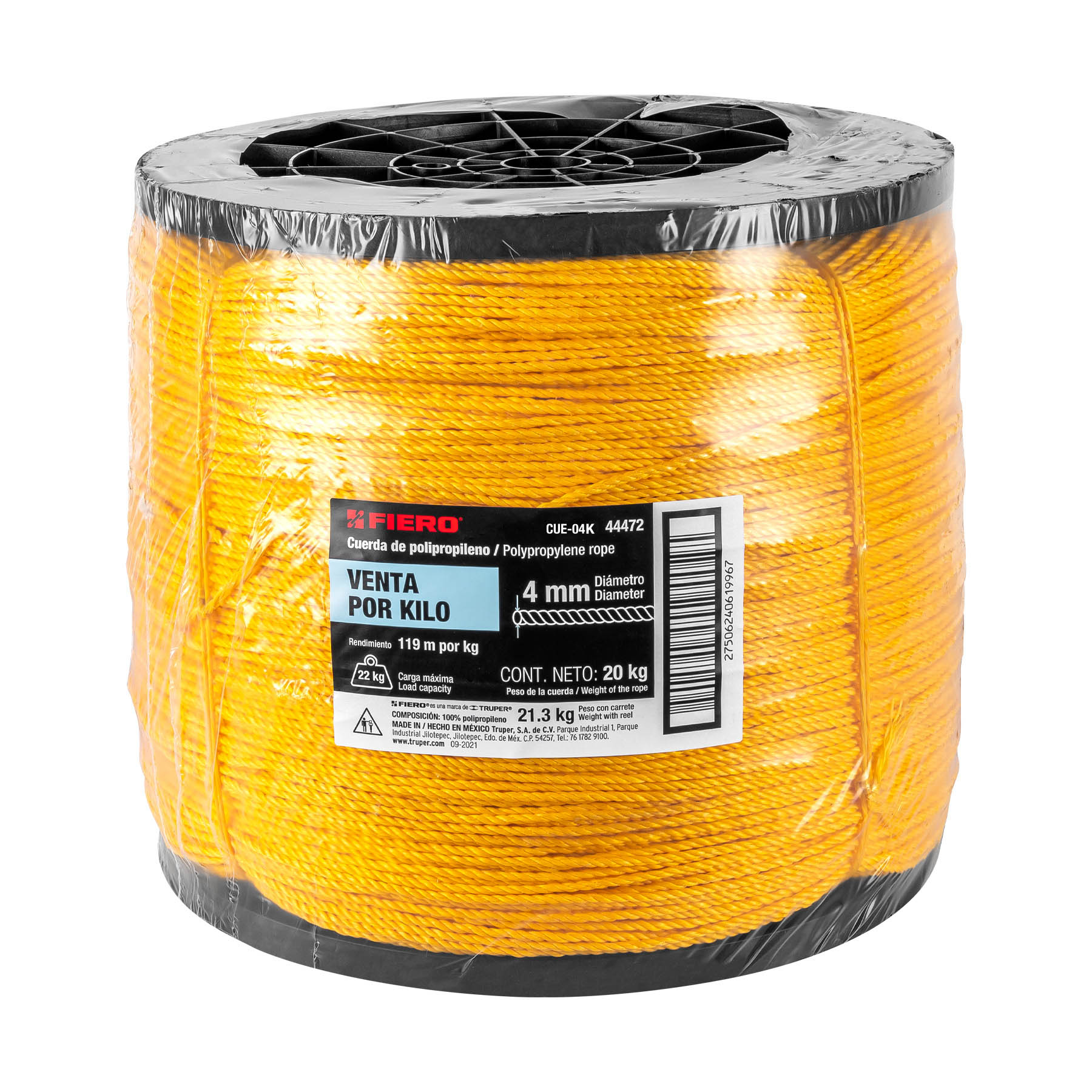 Kilo de cuerda amarilla de polipropileno 4 mm, rollo 20 kg - CUE-04 / 44472