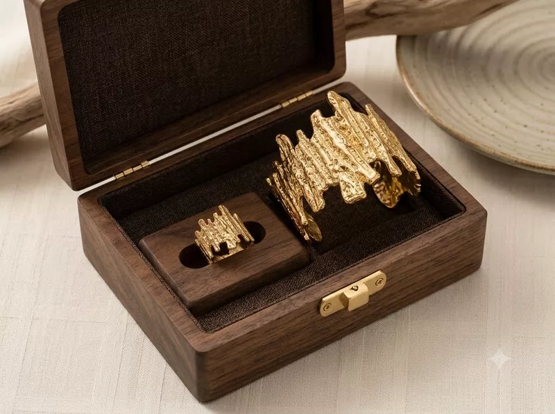 Navande Anti-Tarnish Raw Textured Gold Cuff Bracelet & Matching Ring Combo Set