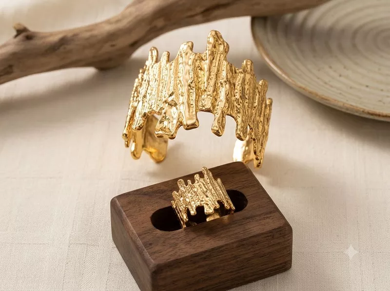 Navande Anti-Tarnish Raw Textured Gold Cuff Bracelet & Matching Ring Combo Set