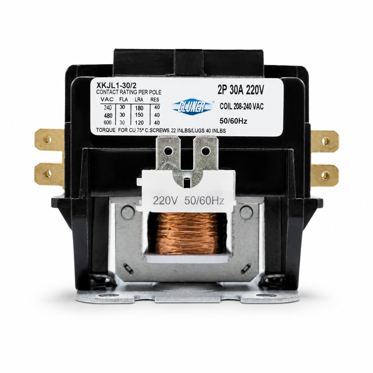 Contactor 2 Polos, 30 Amps, Bobina 208-204VAC, 50/60Hz, Cluxer - CXC2P30A220