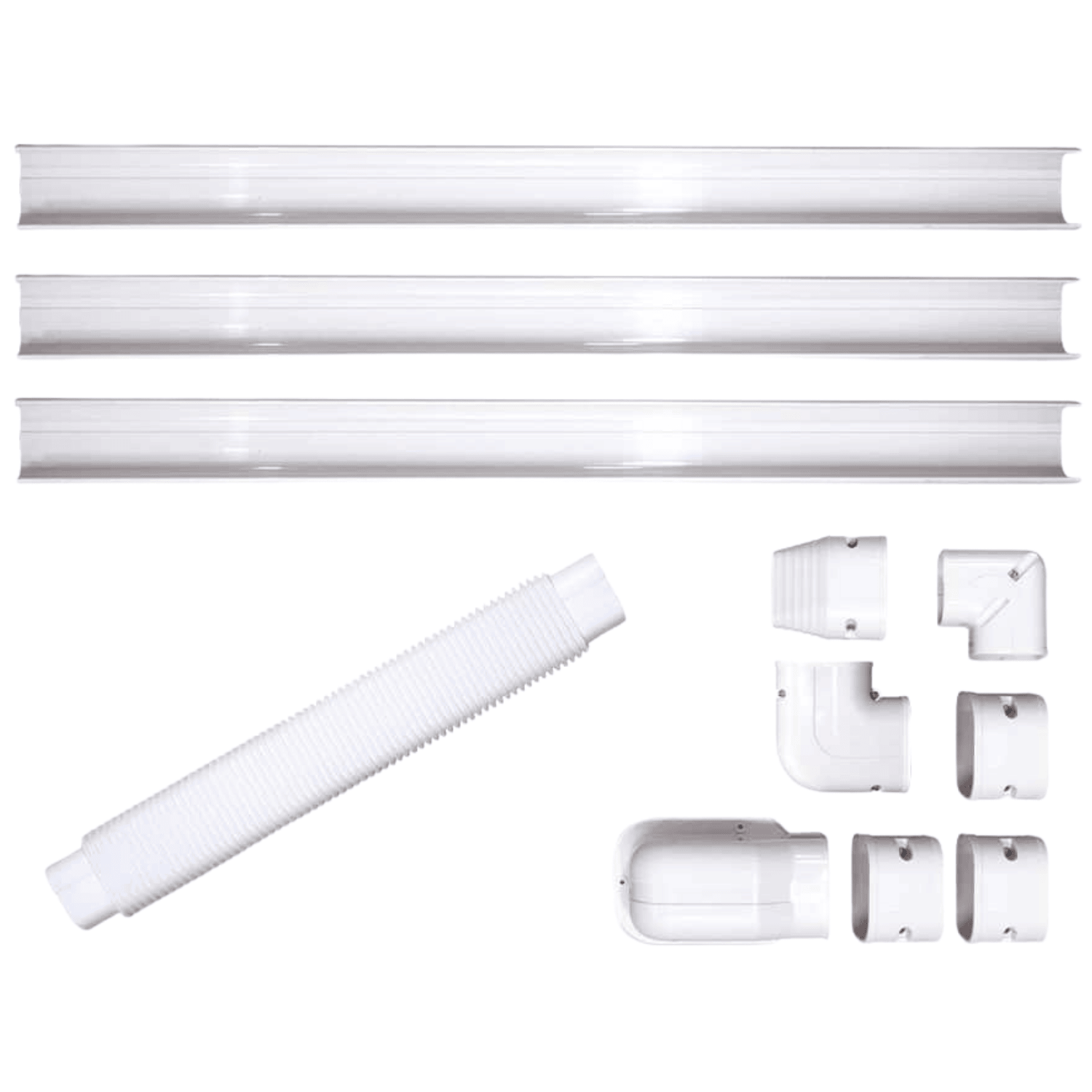 Kit de Canaletas PVC 3” Color Blanco Instalación de Aire Acondicionado 1mt, INCLUYE 3 Tramos de 1m, Entrada Pared, 2 Codos (1 Ajustable, 1 de 90°), 3 Coples, Ducto Flexible 24”, Salida Final - CXKC1M