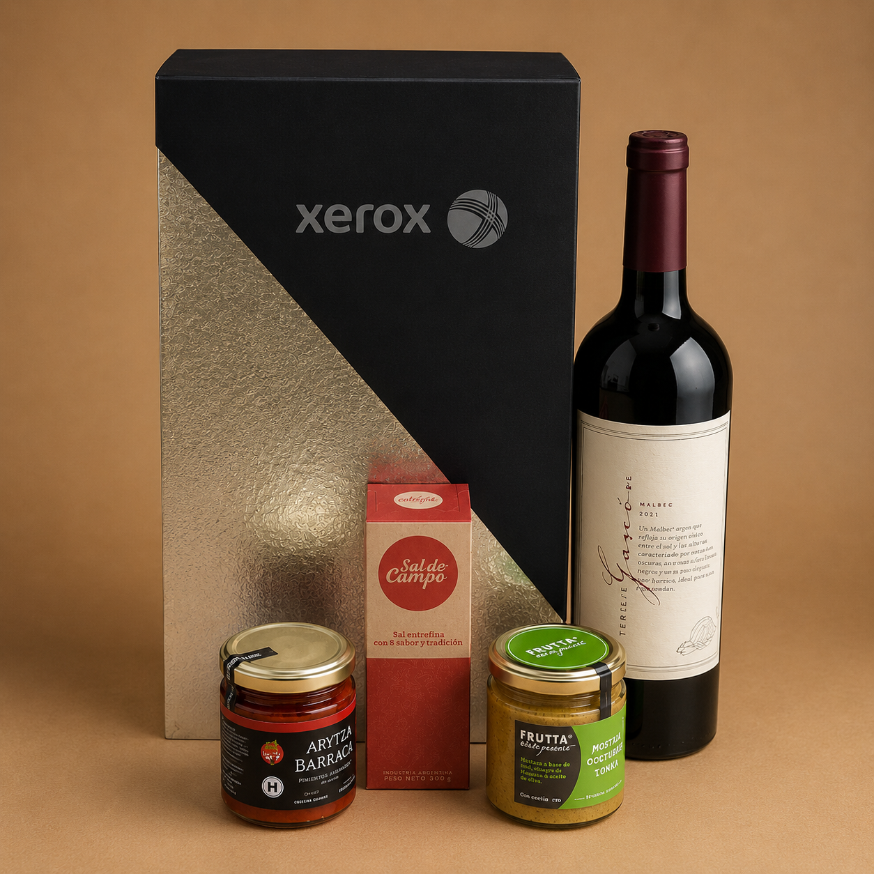 Caja de metal para vino y productos gourmet para Xerox