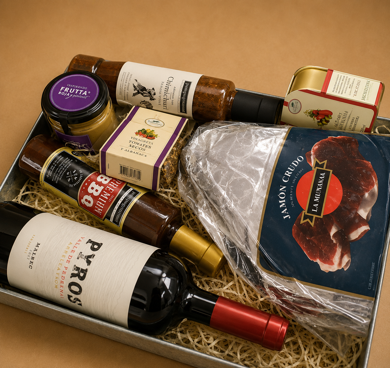 Caja de metal y pata de jamón para Caleras San Juan