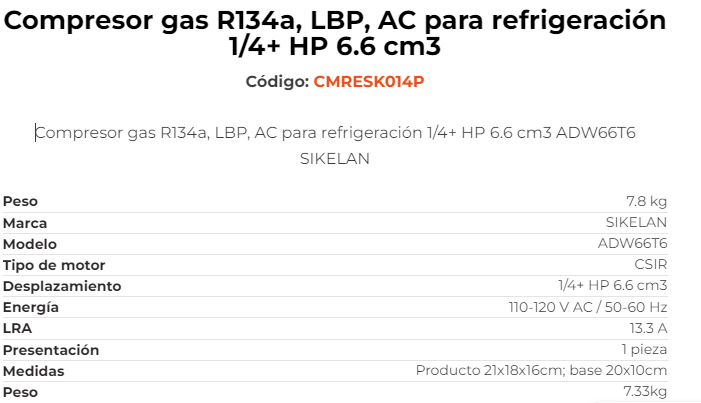Compresor Sikelan MODELO ADW66T6 HP 1/4 (V/HZ) 110-120/50-60 CMRESK014P, ERO
