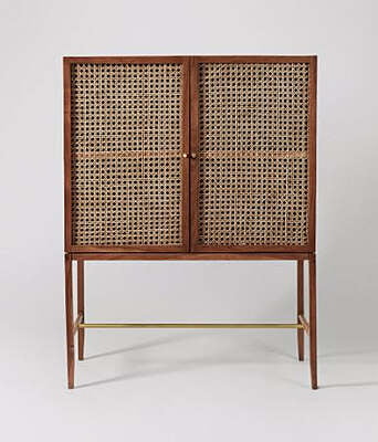 Mid-Century Modern Cane & Wood Bar Cabinet | Rattan Drinks Unit with Storage