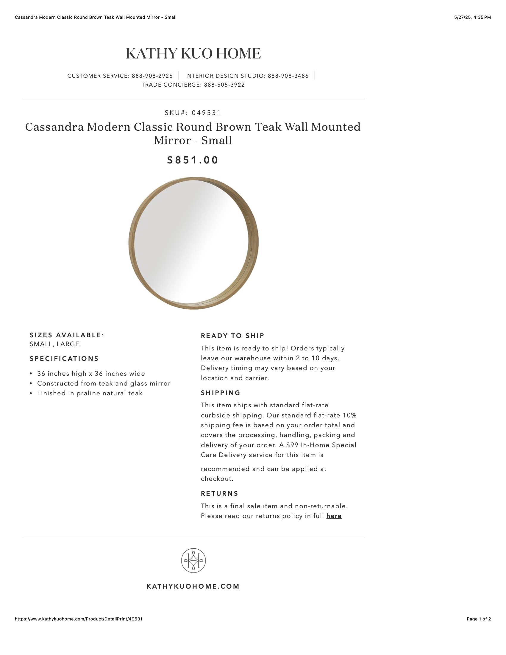 Cassandra Modern Classic Round Brown Teak Wall Mounted Mirror - Small