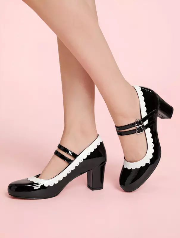 Casual Black & White Thick Heel Mary Jane new