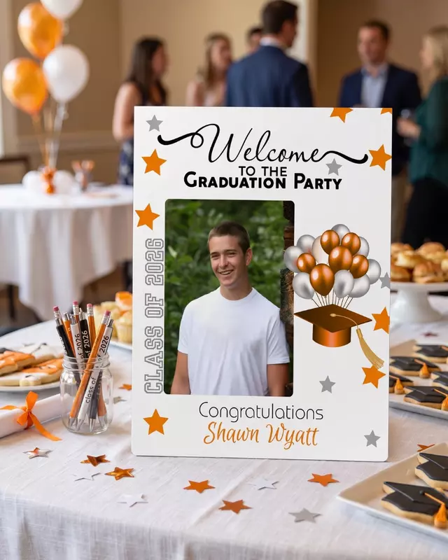 Personalized aluminum graduation party welcome sign with graduate photo and custom colors