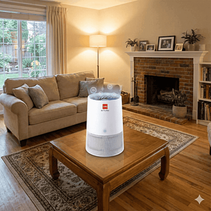 Cello AP-100 device filtering dust and allergens in a bedroom.