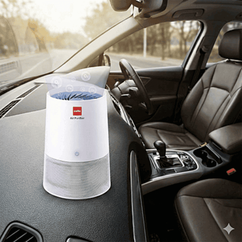 Cello AP-100 air purifier glowing with air quality indicator.