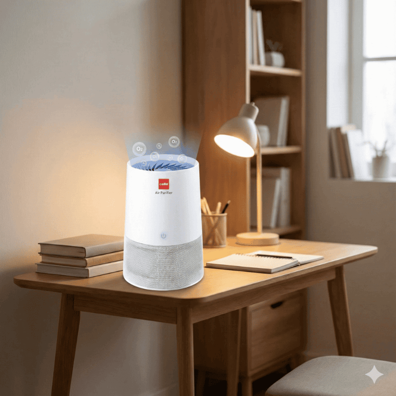 Cello Air Purifier AP-100 with HEPA filtration system active.