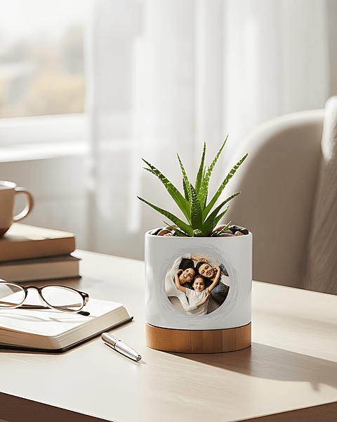 Ceramic Planter, Bamboo Tray