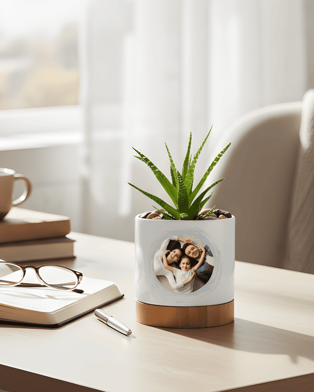Ceramic Planter, Bamboo Tray