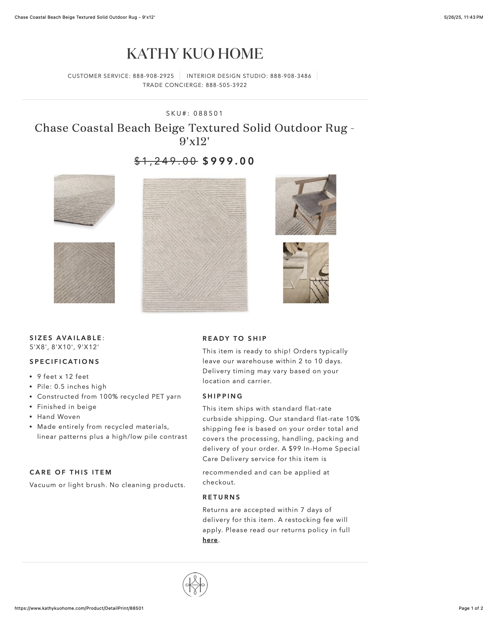 Chase Coastal Beach Beige Textured Solid Outdoor Rug - 9'x12'