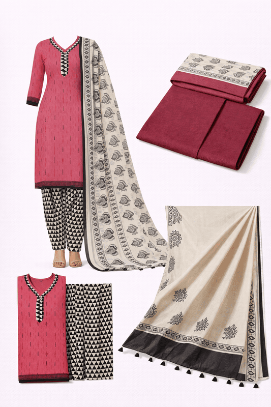 Unstitched Salwar - Traditional elegance in coral and cream