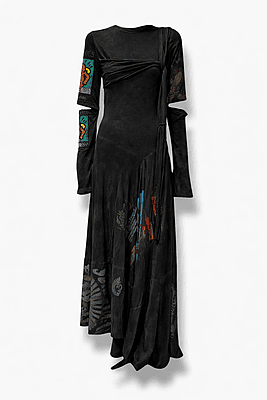 Face-back Vented Sleeve Sash Dress in Black