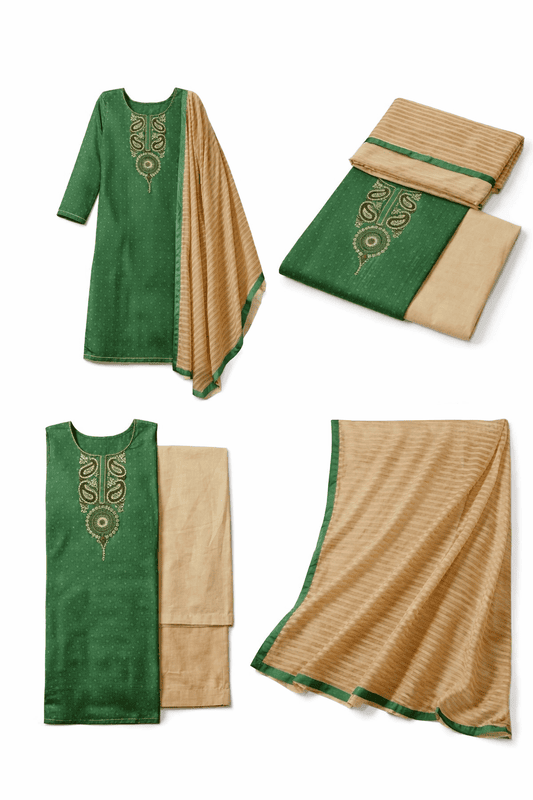 Unstitched Embroidery Salwar Suit Set with Dupatta, Green and Beige