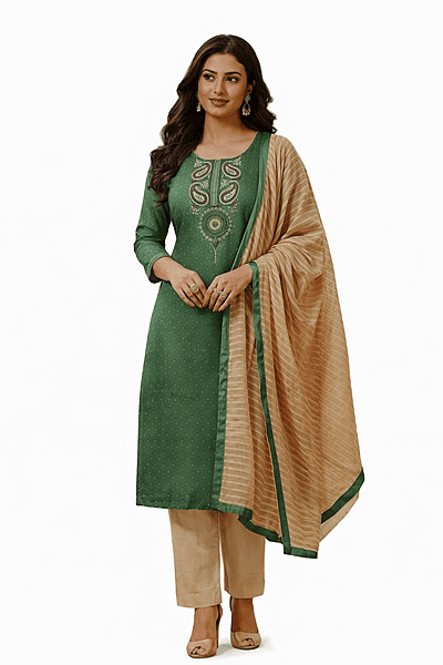Unstitched Embroidery Salwar Suit Set with Dupatta, Green and Beige