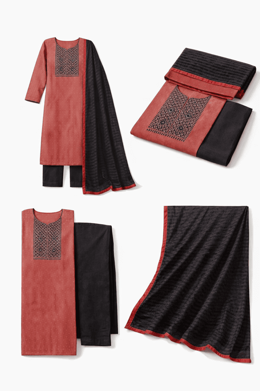 Unstitched Embroidery Salwar Suit Set with Dupatta, Onion Pink and Grey