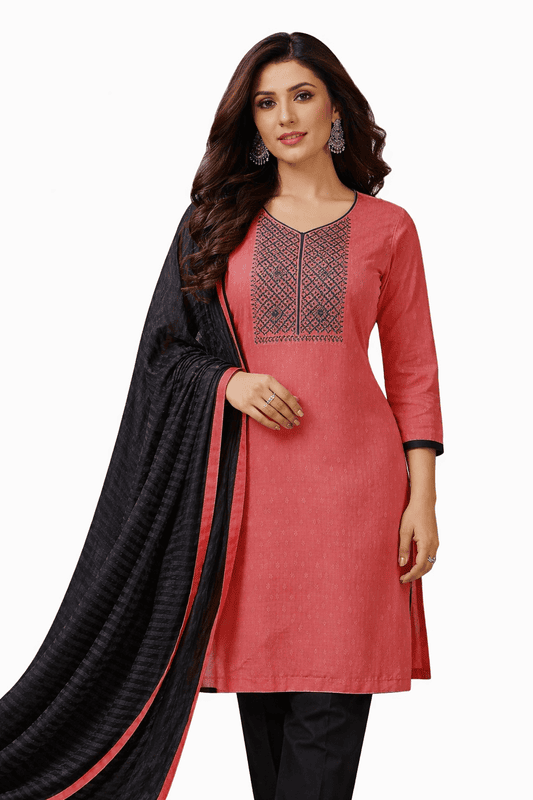 Unstitched Embroidery Salwar Suit Set with Dupatta, Onion Pink and Grey