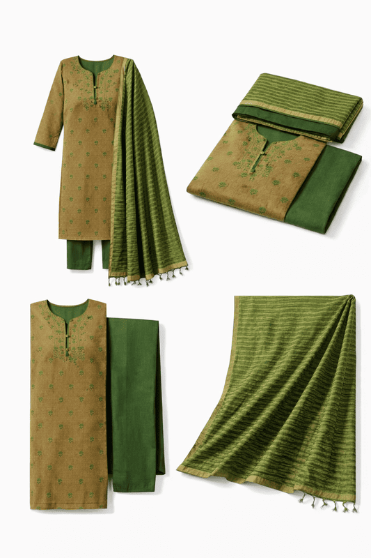 Unstitched Embroidery Traditional Indian elegance in mustard and green
