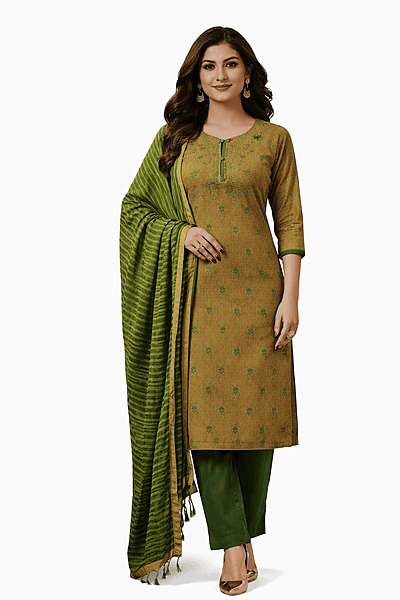 Unstitched Embroidery Traditional Indian elegance in mustard and green