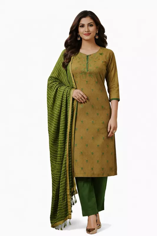 Unstitched Embroidery Traditional Indian elegance in mustard and green