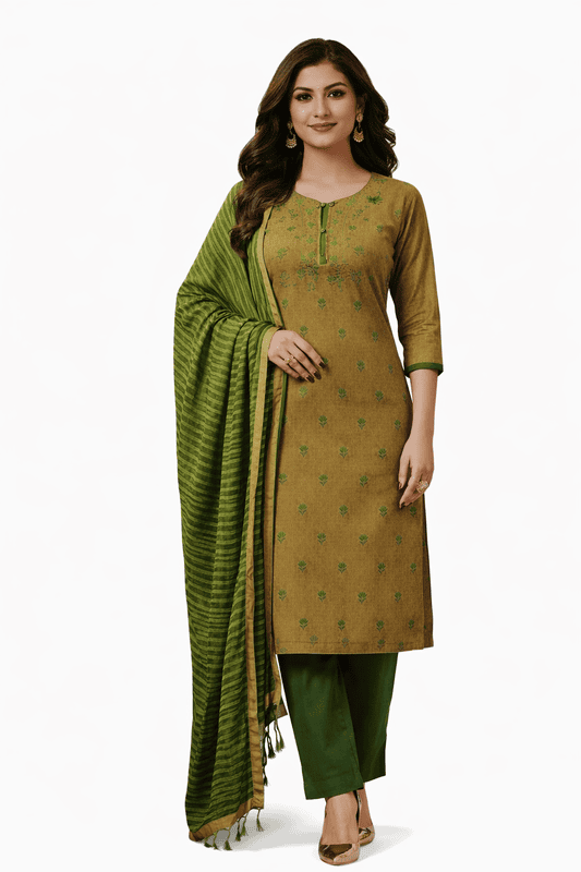 Unstitched Embroidery Traditional Indian elegance in mustard and green