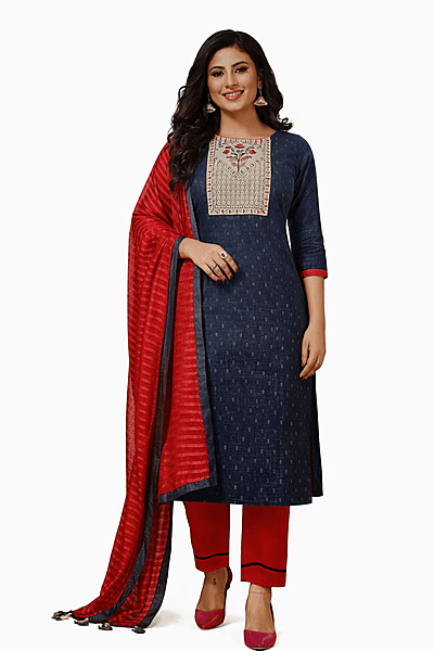 Unstitched Embroidery Salwar Suit Set with Dupatta, Grey and Orange