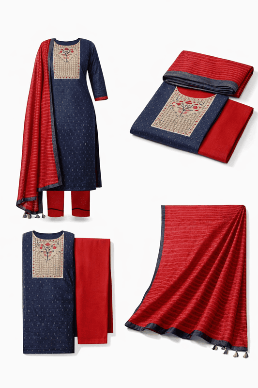 Unstitched Embroidery Salwar Suit Set with Dupatta, Grey and Orange