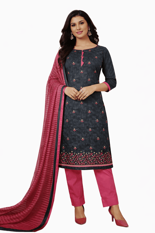 Unstitched Salwar Kameez Set with Dupatta, Grey with Pink Floral Embroidery
