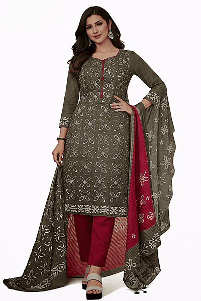 Unstitched Olive Green Salwar Suit Set with Pink Dupatta, Chikankari Embroidery