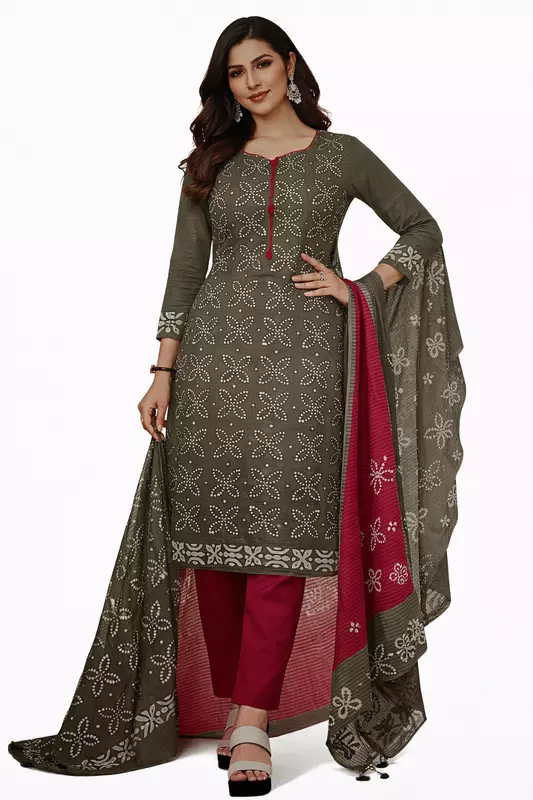 Unstitched Olive Green Salwar Suit Set with Pink Dupatta, Chikankari Embroidery