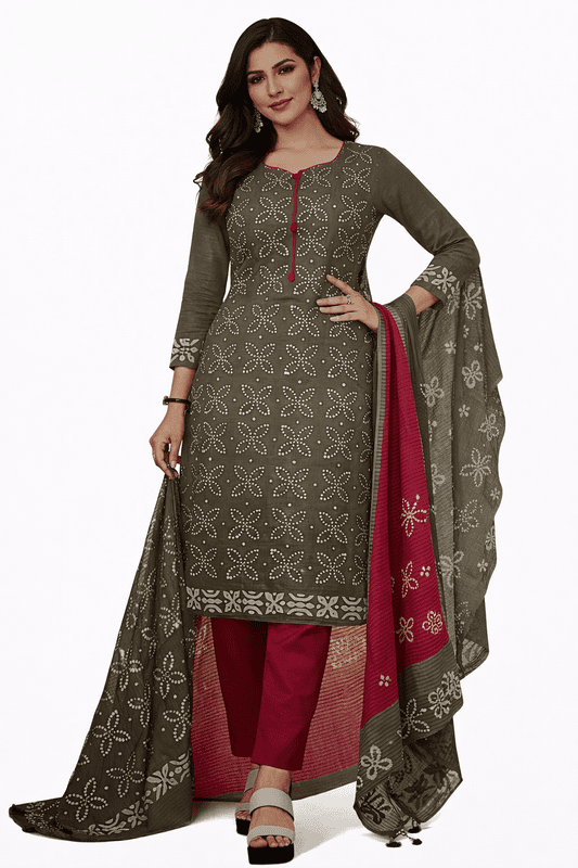 Unstitched Olive Green Salwar Suit Set with Pink Dupatta, Chikankari Embroidery