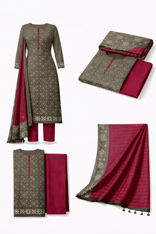 Unstitched Olive Green Salwar Suit Set with Pink Dupatta, Chikankari Embroidery