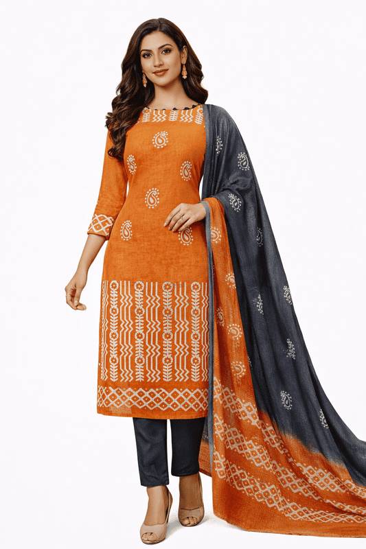 Unstitched Salwar Kameez Suit Set with Dupatta, Orange, and grey