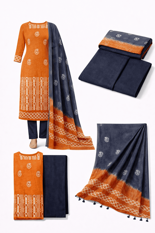 Unstitched Salwar Kameez Suit Set Elegant salwar kameez in orange and navy