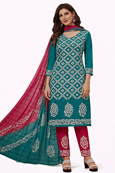Unstitched Salwar Suit Set with Dupatta, Teal Green with Floral Print