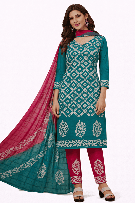 Unstitched Salwar Suit Set with Dupatta, Teal Green with Floral Print