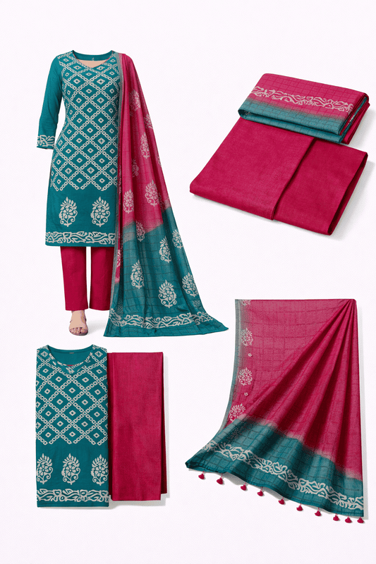 Unstitched Salwar Suit Set with Dupatta, Teal Green with Floral Print