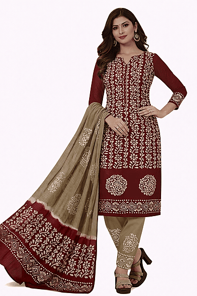 Unstitched Salwar Suit Set with Dupatta, Traditional elegance in burgundy and beige