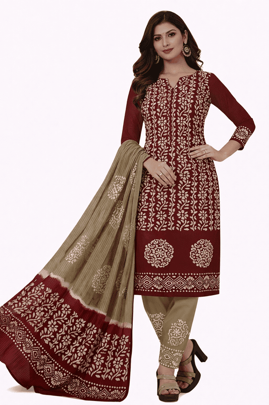 Unstitched Salwar Suit Set with Dupatta, Traditional elegance in burgundy and beige