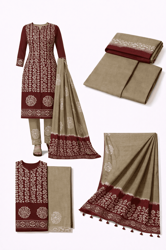 Unstitched Salwar Suit Set with Dupatta, Traditional elegance in burgundy and beige