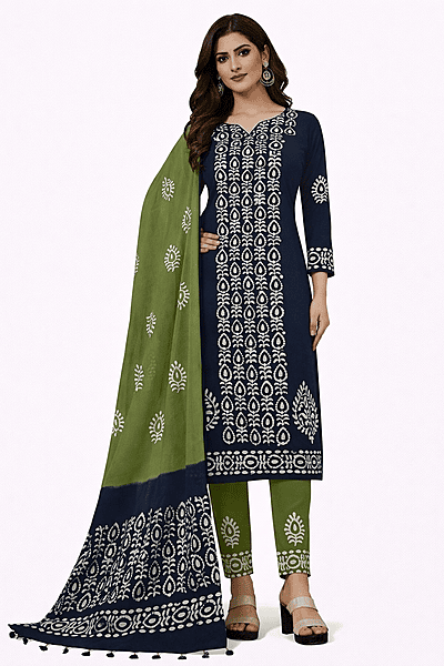 Unstitched Salwar Suit Set with Dupatta Traditional elegance in navy and lime