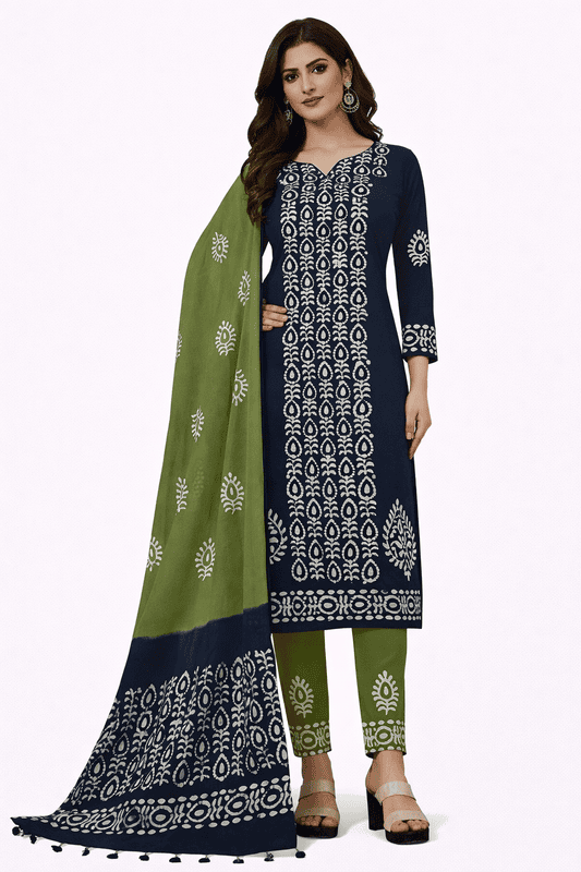 Unstitched Salwar Suit Set with Dupatta Traditional elegance in navy and lime