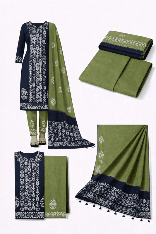 Unstitched Salwar Suit Set with Dupatta Traditional elegance in navy and lime