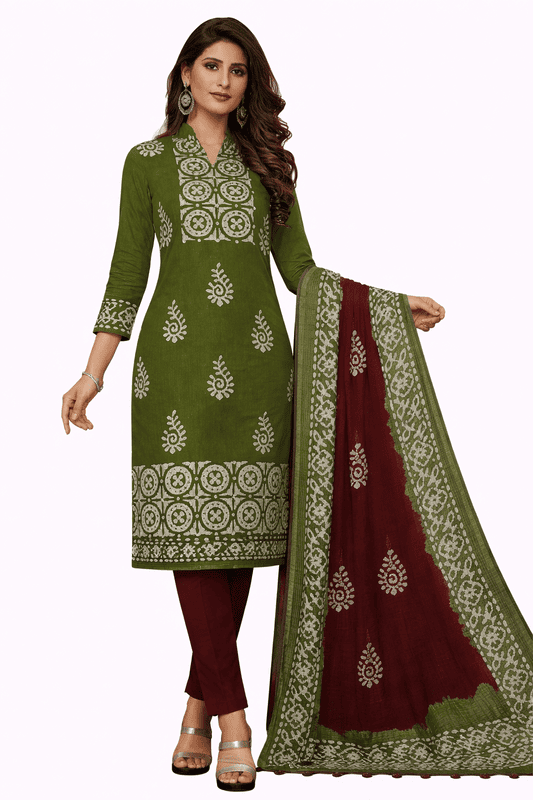 Unstitched Green Salwar Suit Set with Dupatta, Elegant in traditional green and maroon